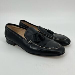 Coach Hepburn Tasseled Loafer Women 8 Black Leather White Whip Stitch Flat Italy